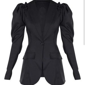 Black Woven Puff Sleeve Fitted Blazer